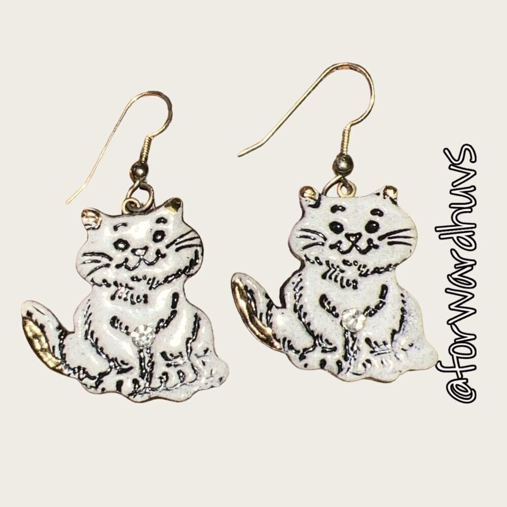 Silver Tone Cat Dangle Earrings with Rhinestone Accents